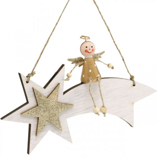 Artikel Engel auf Sternschnuppe, Weihnachtsdeko zum Hängen, Advent Weiß, Golden H13cm B21,5cm 2St