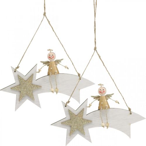 Floristik24 Engel auf Sternschnuppe, Weihnachtsdeko zum Hängen, Advent Weiß, Golden H13cm B21,5cm 2St