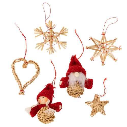 Strohanhänger Set 30-teilig Figuren und Sterne 4–6 cm Natur-Rot bestellen | Floristik24.at