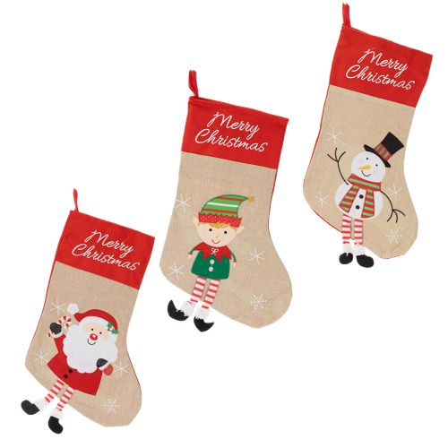 Weihnachtsstrümpfe 50 cm Stoff Rot-Beige mit Weihnachtsmann, Schneemann und Wichtel
