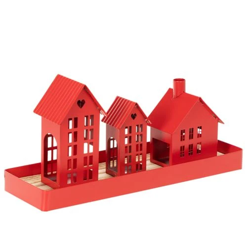 Metall-Windlicht-Set Häuser Rot mit Tablett 35 cm | Floristik24.at