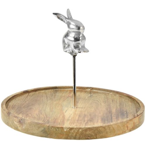 Holztablett Natur Hase Deko Metall Silber Ø27,5cm H21cm