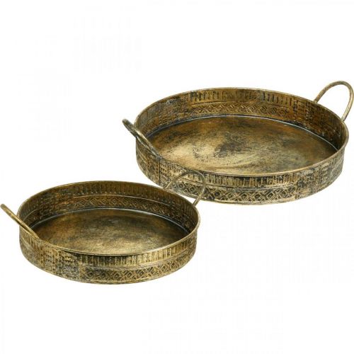 Dekoschale mit Griffen, Pflanztablett gemustert, Metallgefäß Golden, Antik-Optik B45,5/42cm Ø39,5/34cm 2er-Set