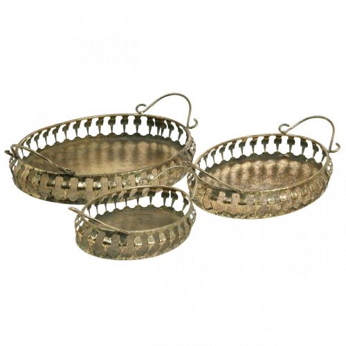 Floristik24 Metallschale mit Griffen, Dekotablett-Set Golden Antik-Optik L39/33,5/28,5cm 3er-Set