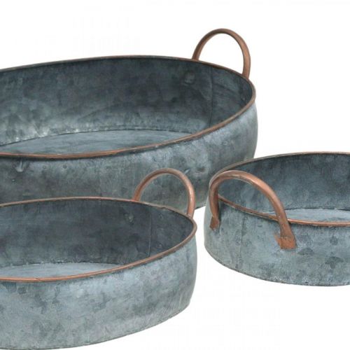 Floristik24 Metallschale mit Griffen, Pflanzgefäß, Dekotablett Shabby Chic Silbern, Weiß gewaschen L35,5/30,5/26,5cm 3er-Set