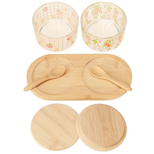Artikel Tapas Set Motiv Pfirsich Gläser mit Deckel Holz 20×10×6,5cm
