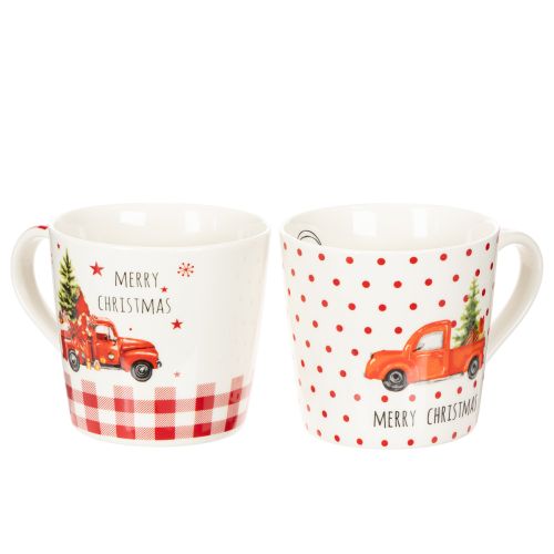 Weihnachtstasse aus Keramik mit Auto- und Tannenbaum-Motiv 10 cm Weiß-Rot 2er-Set