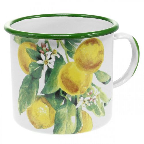 Floristik24 Pflanztasse aus Emaille, Deko-Tasse mit Zitronenzweig, Übertopf mediterran Ø9,5cm H10cm