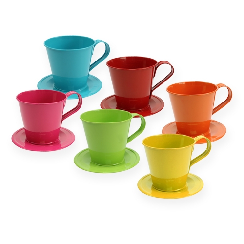 Floristik24 Tasse mit Teller Ø9cm H8cm 6St. farbig sortiert