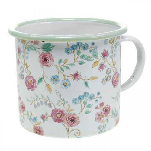 Floristik24 Pflanztasse Rosen Emaille Deko Tasse mit Henkel Weiß Ø9,5cm