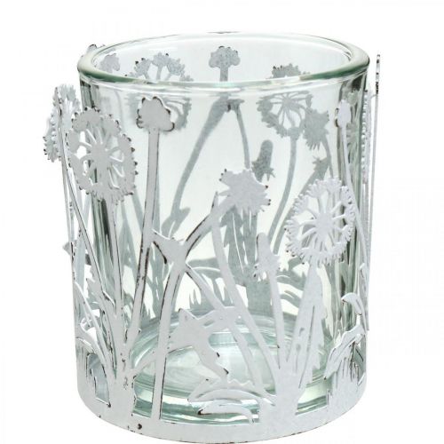 Floristik24 Windlicht mit Pusteblumen, Tischschmuck, Sommerdeko Shabby Chic Silbern, Weiß H10cm Ø8,5cm