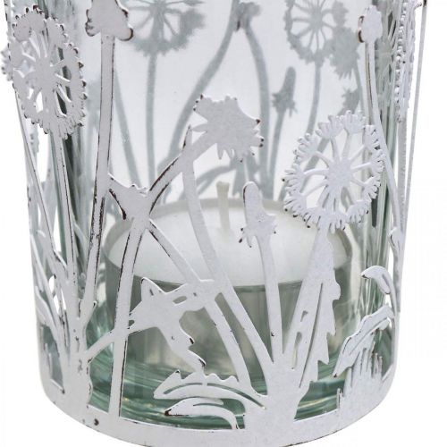 Floristik24 Windlicht mit Pusteblumen, Tischschmuck, Sommerdeko Shabby Chic Silbern, Weiß H10cm Ø8,5cm