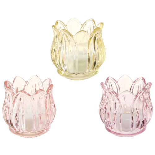Floristik24 Teelichtglas Blüte Windlicht Glas 3 Farben Ø7cm H7cm 6St