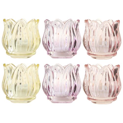 Floristik24 Teelichtglas Blüte Windlicht Glas 3 Farben Ø7cm H7cm 6St