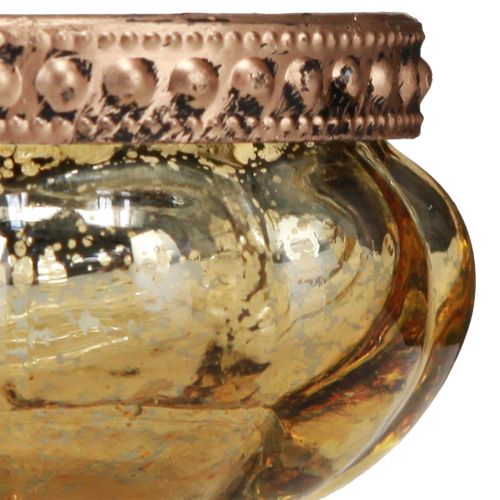 Artikel Teelichtglas Champagner Antik Gold mit Metallrand Ø6cm H3,5cm