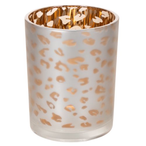 Teelichthalter Glas 12 cm mit Leopardenmuster Silber und Gold