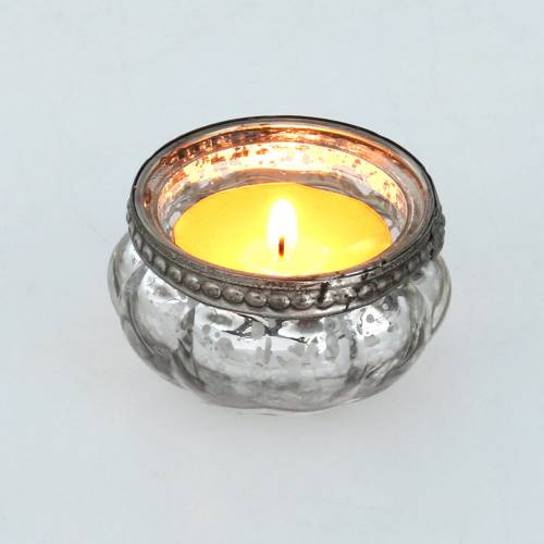 Artikel Teelichtglas Antik Silber mit Metallrand Ø6cm H3,5cm