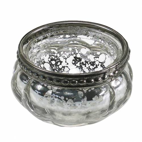 Teelichtglas Antik Silber mit Metallrand Ø6cm H3,5cm