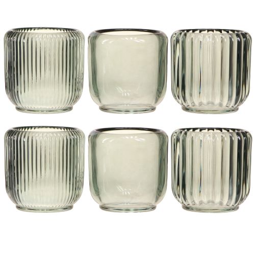 Artikel Teelichthalter Glas in Grau Rillen Dekor 8cm 6 St
