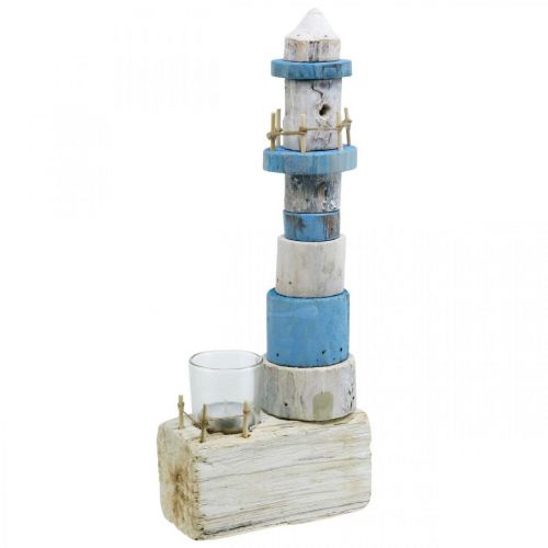 Artikel Holz Leuchtturm mit Teelichtglas Maritime Deko Blau, Weiß H38cm