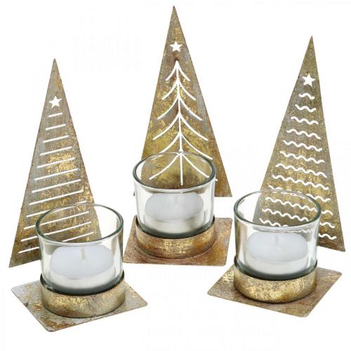 Floristik24 Teelichthalter Tannenbaum Metall, Glas Windlicht H15cm 3St