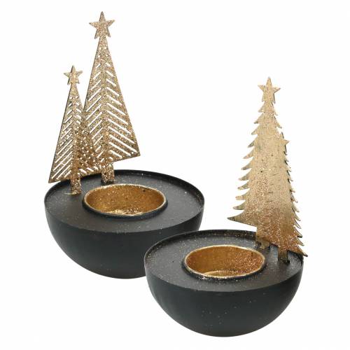 Floristik24 Teelichthalter Weihnachtstannen Glitter Schwarz, Golden Ø8,5cm 2St