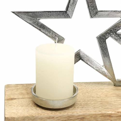 Floristik24 Kerzenhalter Sternensilhouette auf Holzfuß Silbern, Natur Metall, Mangoholz 35cm × 14cm