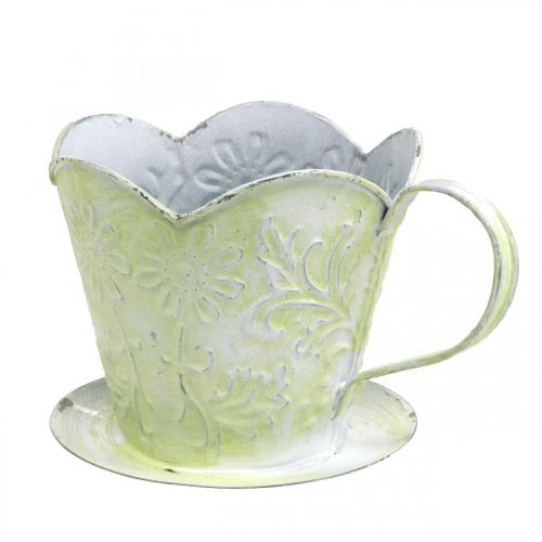 Floristik24 Pflanzgefäß, Deko-Kaffeefilterhalter, Metalltasse zum Bepflanzen, Blumendeko Grün, Weiß Shabby Chic H11cm Ø11cm