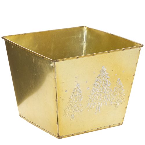 Pflanzgefäß aus Metall mit Tannenmotiv goldfarben 18x18x14cm