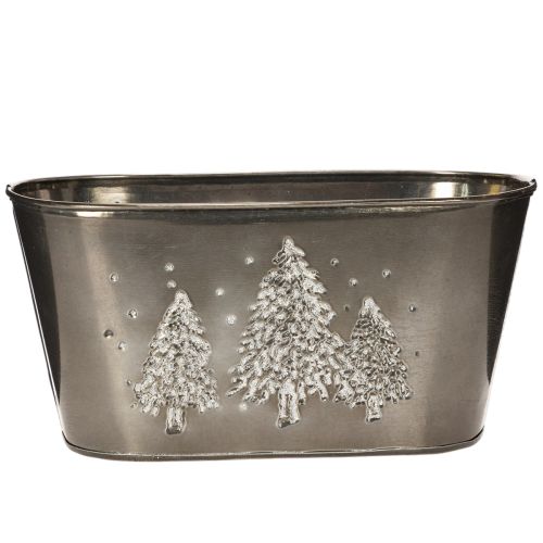 Übertopf oval aus Zink 25 cm geprägt mit Tannenbaum-Motiv silber