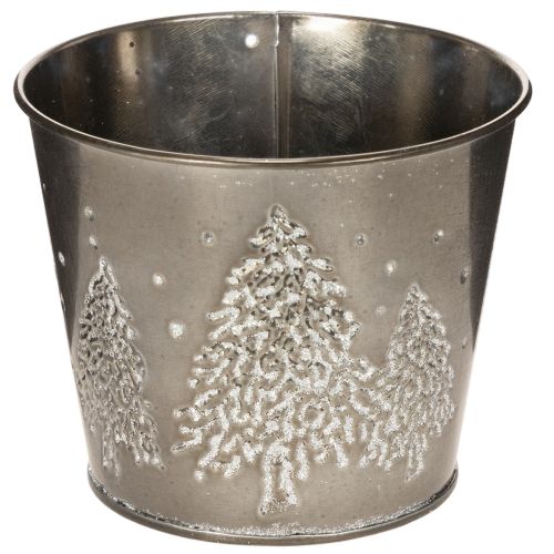 Metall Übertopf mit Glitzer-Tannenmotiv 13cm Silber