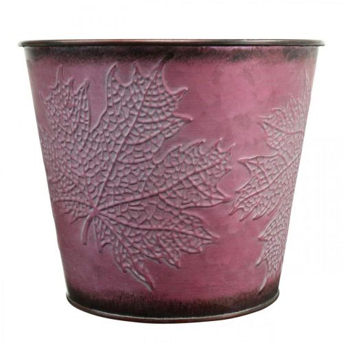 Artikel Pflanztopf mit Blattdeko, Herbstdeko, Metallübertopf Weinrot Ø16,5cm H14,5cm