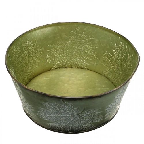 Artikel Pflanzschale mit Ahornblättern, Herbstdeko, Metallgefäß Grün Ø25cm H11cm