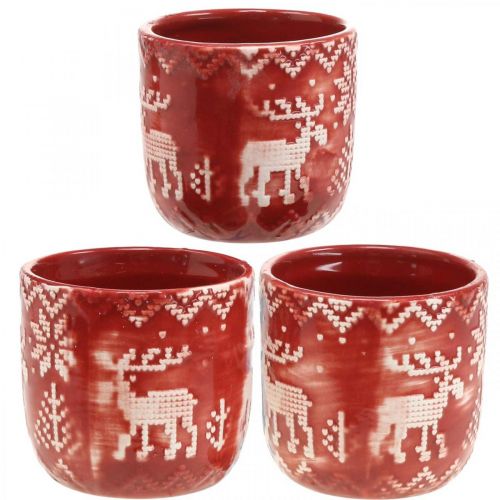 Floristik24 Keramikdeko mit Rentieren, Adventsdeko, Übertopf mit Norwegermuster Rot/Weiß Ø7,5cm H7cm 6St