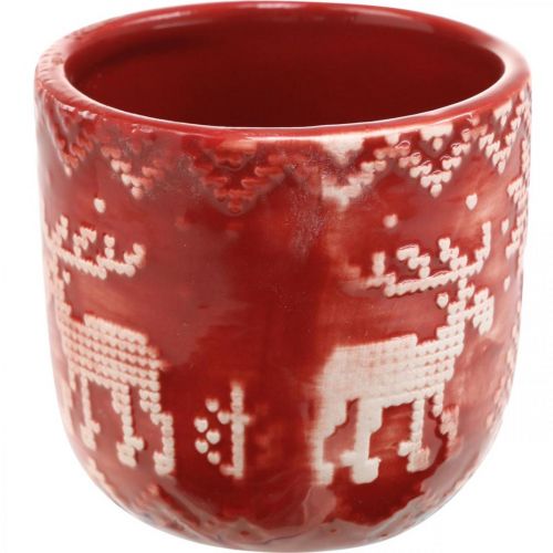 Artikel Keramikdeko mit Rentieren, Adventsdeko, Übertopf mit Norwegermuster Rot/Weiß Ø7,5cm H7cm 6St