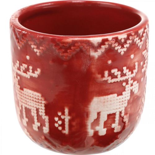 Floristik24 Keramikdeko mit Rentieren, Adventsdeko, Übertopf mit Norwegermuster Rot/Weiß Ø7,5cm H7cm 6St