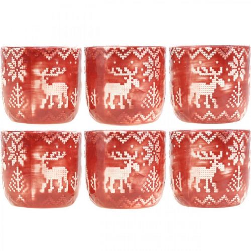 Floristik24 Keramikdeko mit Rentieren, Adventsdeko, Übertopf mit Norwegermuster Rot/Weiß Ø7,5cm H7cm 6St