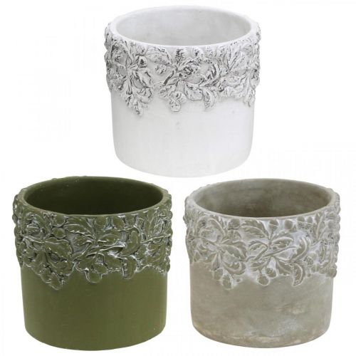 Artikel Keramikgefäß, Blumentopf mit Eichen-Dekor, Pflanztopf Grün/Weiß/Grau Ø13cm H11,5cm 3er-Set