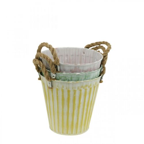 Pflanzeimer, Metalltopf mit Henkeln, Dekogefäß zum Bepflanzen Rosa/Grün/Gelb Shabby Chic Ø12cm H10cm 3er-Set