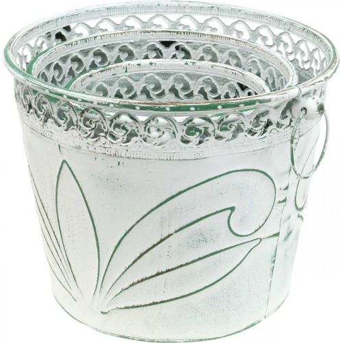 Artikel Blech-Kübel mit Prägung, Pflanzgefäß mit Henkeln Weiß, Grün Shabby Chic H22/19,5/17,5cm Ø25,5/20,5/15,5cm 3er-Set