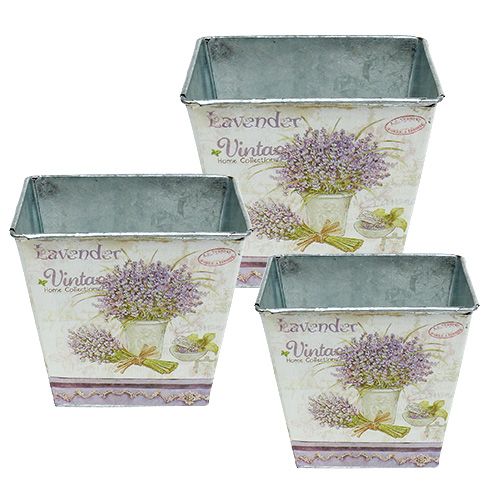 Floristik24 Blechtopf mit Lavendelmotiv eckig 3-Set