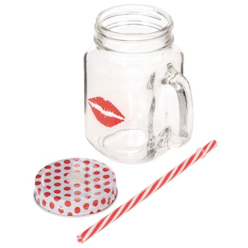 Trinkglas aus Glas mit Henkel, Deckel und Strohhalm, 7x13,5 cm, rot-weiß gepunktet | Floristik24.at