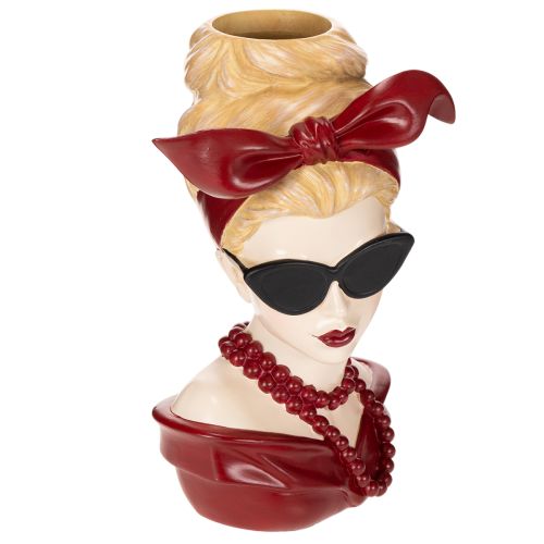 Kopfvase aus Polyresin, Frau mit Sonnenbrille und Perlenkette, 30 cm, mehrfarbig