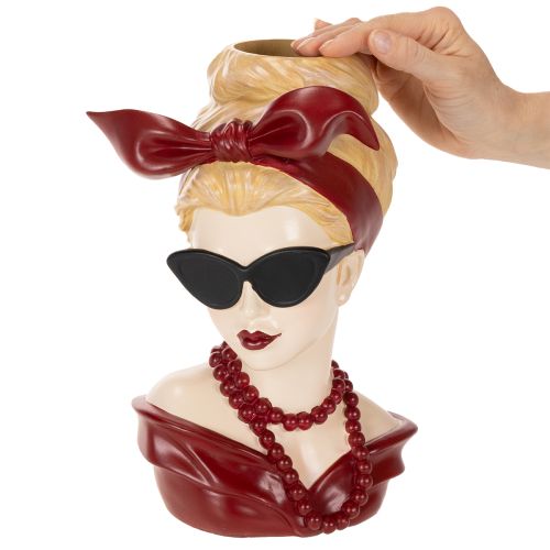 Kopfvase aus Polyresin, Frau mit Sonnenbrille und Perlenkette, 30 cm, mehrfarbig | Floristik24.at