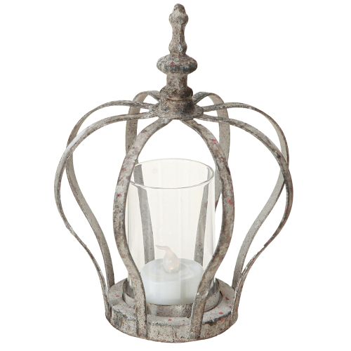 Floristik24 Vintage Windlicht Krone Metall mit Glas Grau Ø14cm H18,5cm