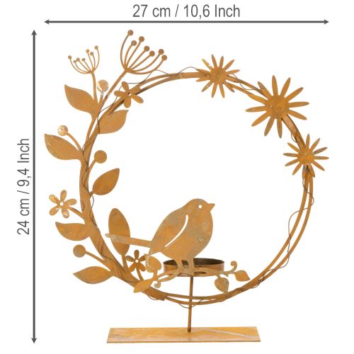 Teelichthalter aus Metall mit Vogel und Blumenmotiv in Rostoptik 24×27×6cm | Floristik24.at
