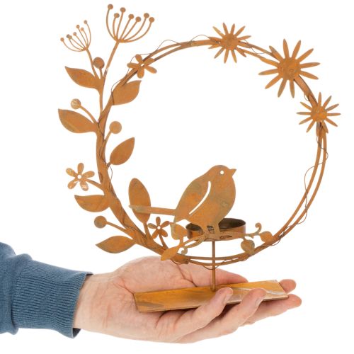 Teelichthalter aus Metall mit Vogel und Blumenmotiv in Rostoptik 24×27×6cm | Floristik24.at
