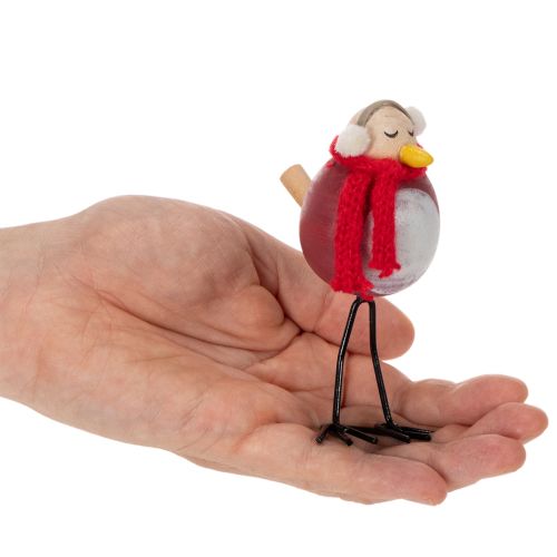 Deko-Vogel-Figuren mit rotem Schal 11 cm aus Holz und Metall, 4er-Set für Winterdekoration | Floristik24.at