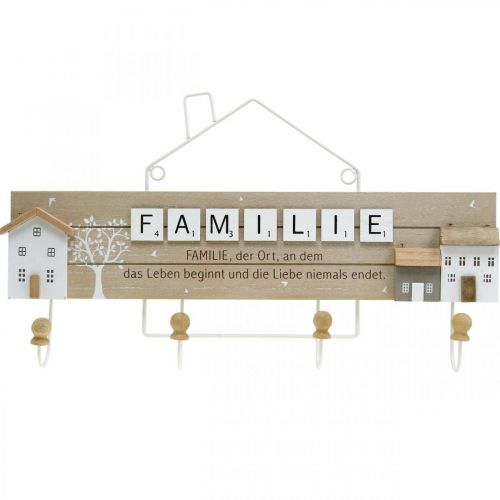 Floristik24 Garderobe Familie, Wandhaken mit Haus, Holzdeko mit Metallhaken Natur, Weiß L45cm