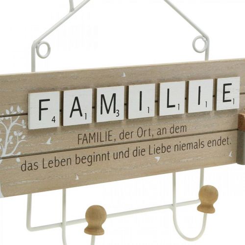 Artikel Garderobe Familie, Wandhaken mit Haus, Holzdeko mit Metallhaken Natur, Weiß L45cm